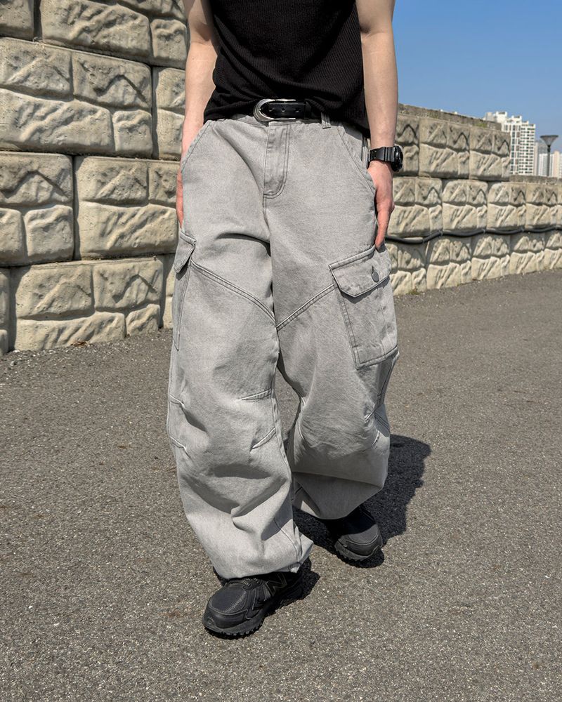Bion Gray Wash Cargo Denim Pants