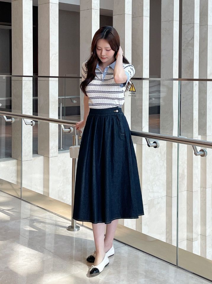 Monta Color Matching Collar Stripe Cable Knit