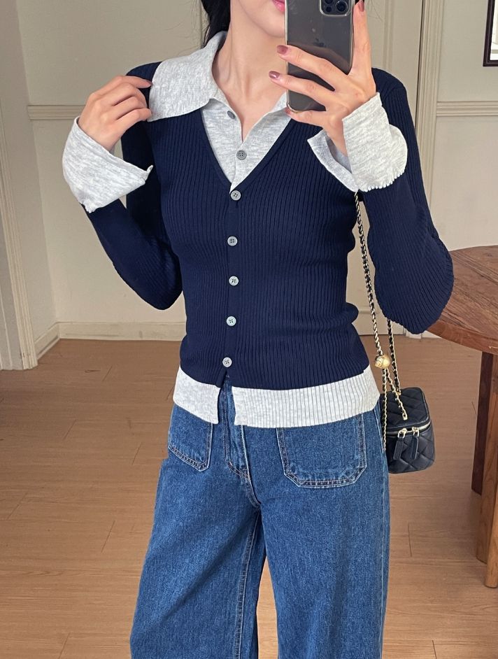 Core Layered Collar Ribbed Knit Cardigan