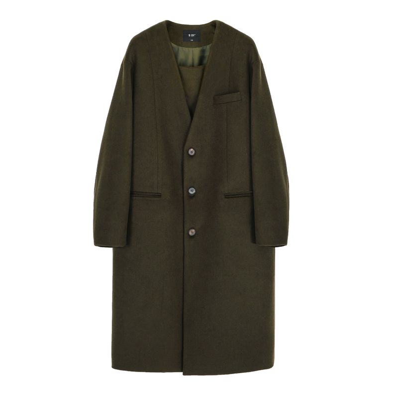 collarless front cover coat khaki