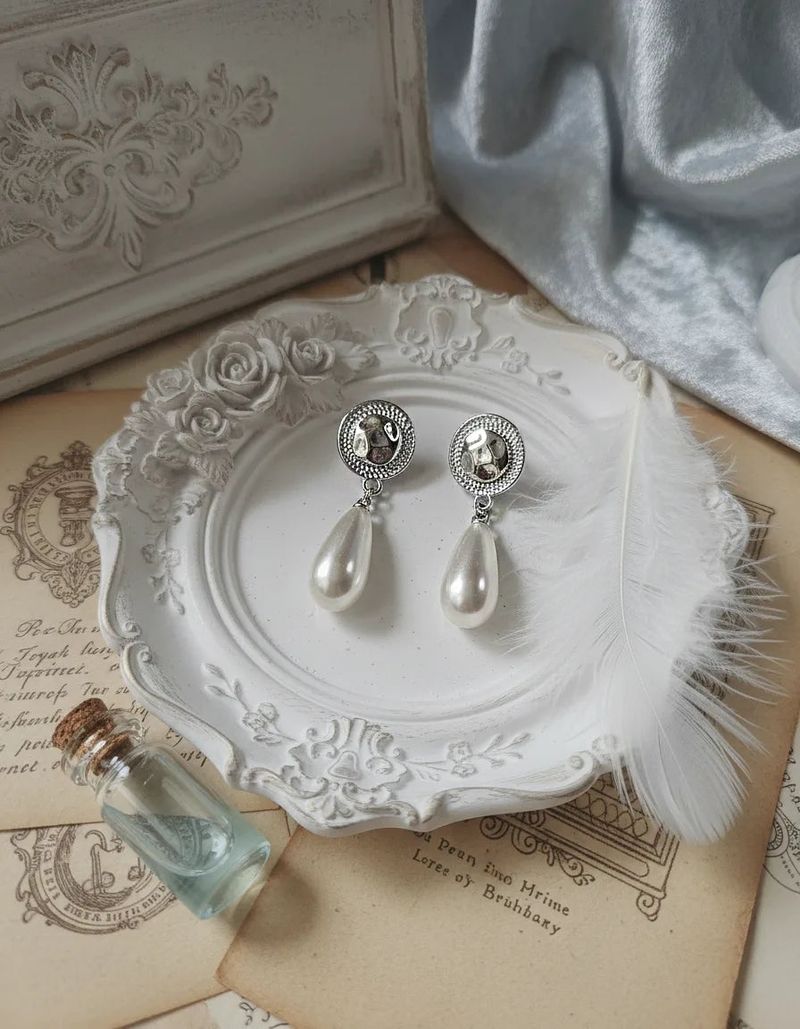Ethnic Button and Long Pearl Earrings - Silver Color