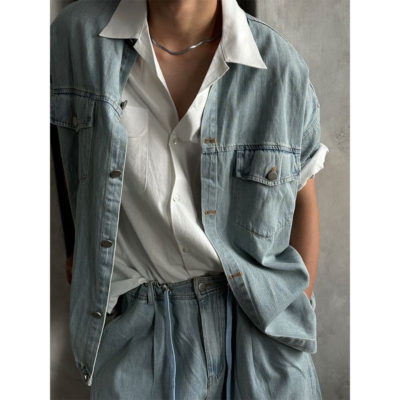 [SET UP] Round neck half denim shirts (2color)