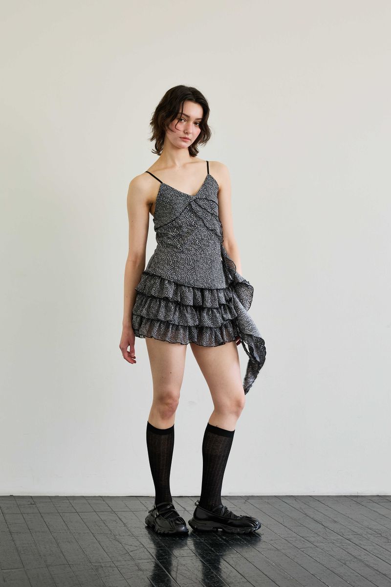 LEOPARD FRILL SLEEVELESS TOP / GRAY