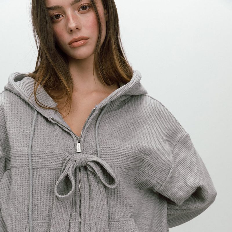 RIBBON WAFFLE HOODIE / GREY