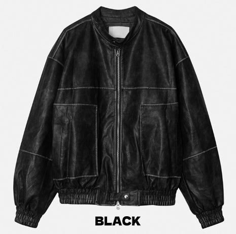 Metel non-collar leather jacket