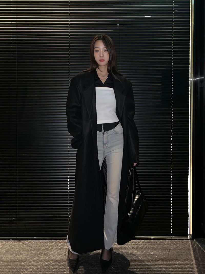 [UNISEX] Wool back button maxi long coat (Black)