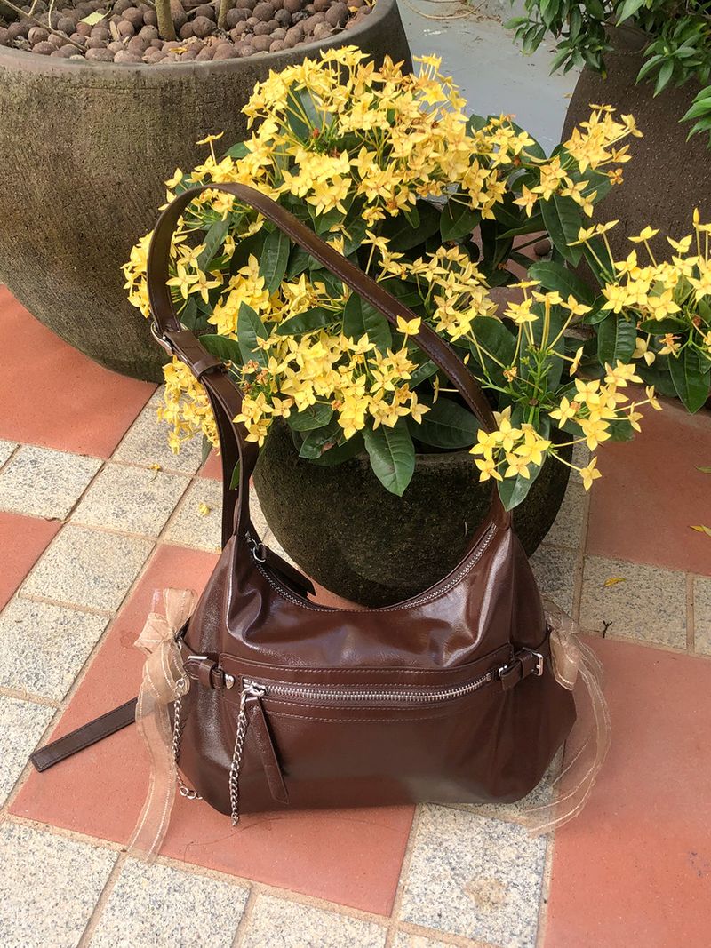 Belted ribbon bag_chocolate brown