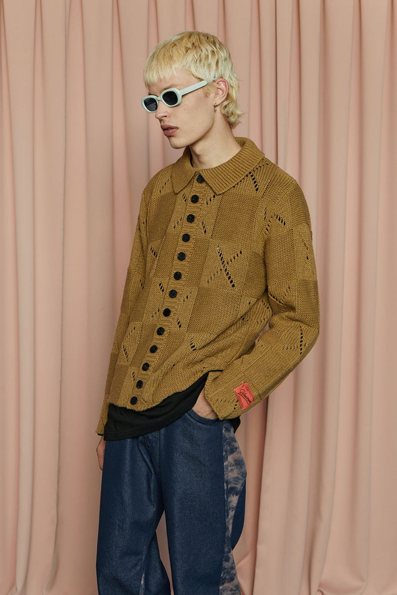 BUTTON ARGYLE KNIT JACKET / OLIVE