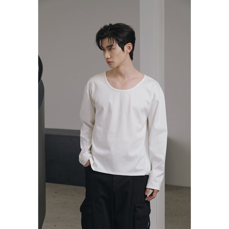Brushed crop u neck long sleeves(White)