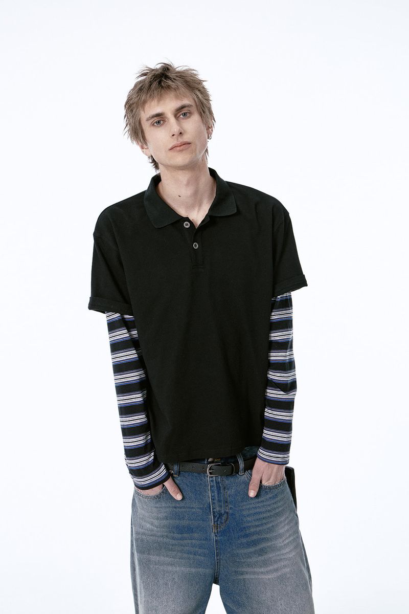 ETCE（イーティーシーイー）の「(BASE) LAYERED STRIPE POLO L/S TEE (NAVY)（Tops）」
