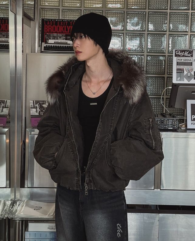 [LANARCH] Fox Fur Hood Bomber Jacket