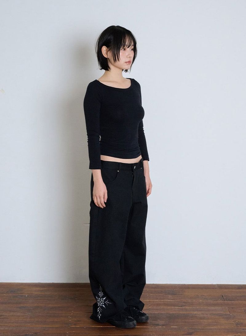 LOW-RISE FLOWER EMBROIDERY PANTS