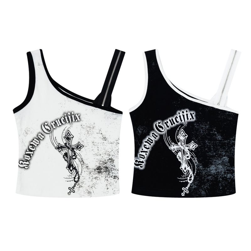 Cross Graphic One-Shoulder Tank Top 232014809