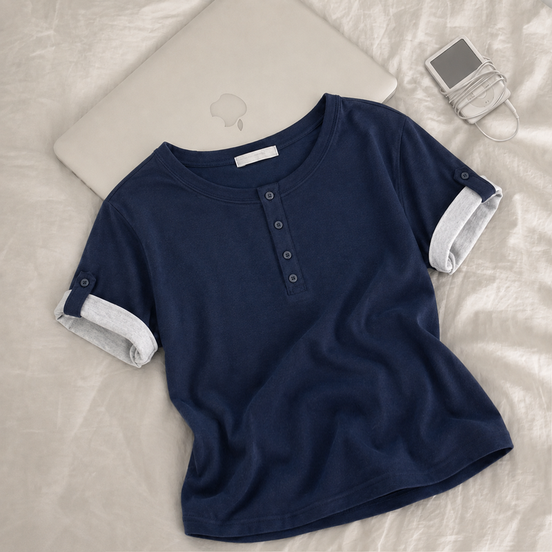 hijjoo（ハイチュー）の「Roll-up button short-sleeve 💙 Tender Bejo Henry neck short-sleeve (6 colors)（Tops）」