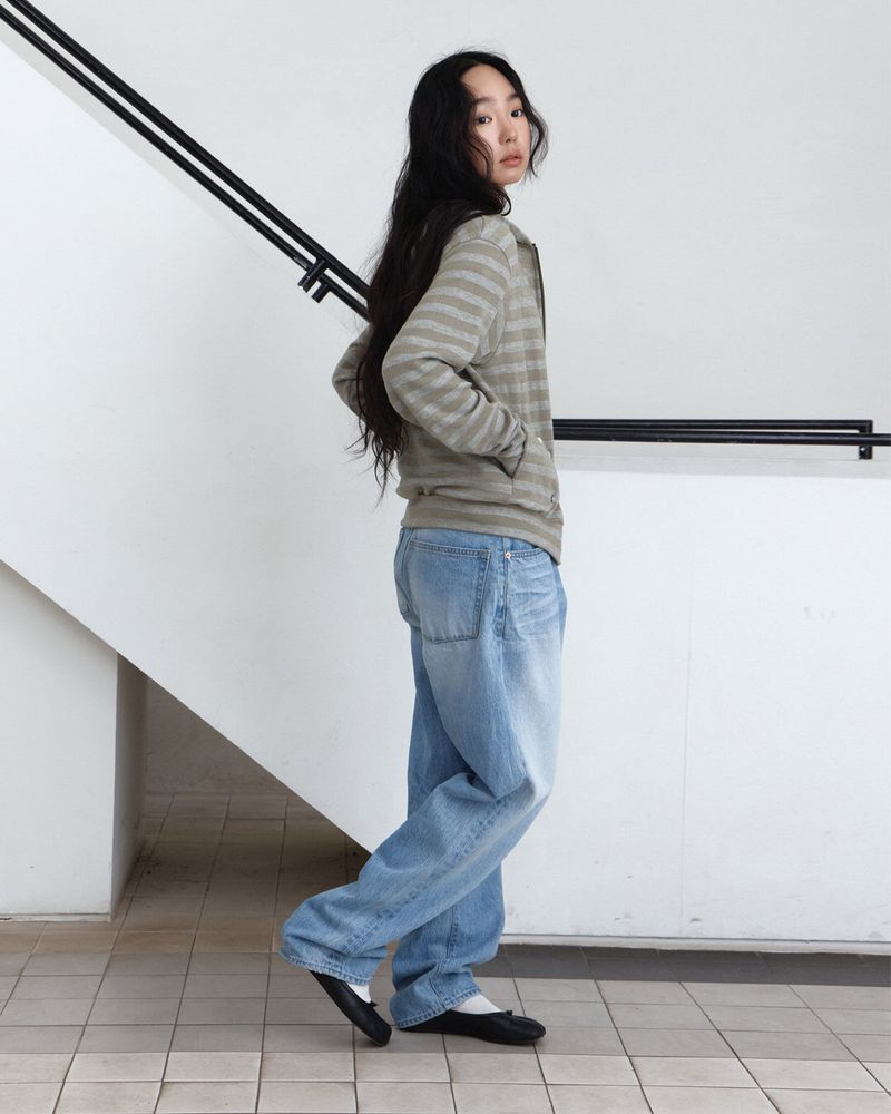 Stripe Button Knit Hooded Zip-Up