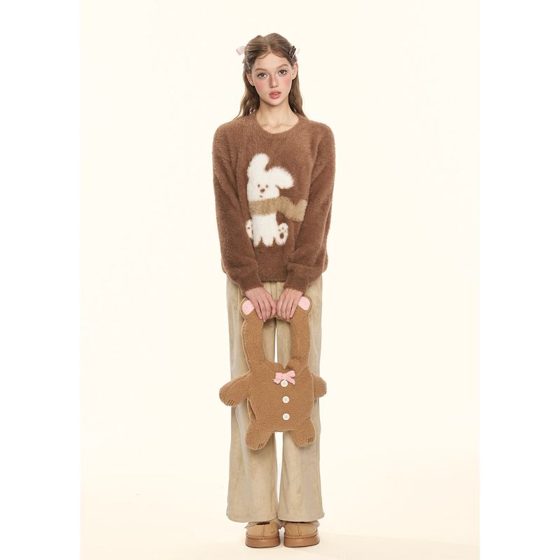 [GirlyFancyClub] Leopard Bowknot Series* Versatile Straight Leg Casual Double-sided Suede Pants