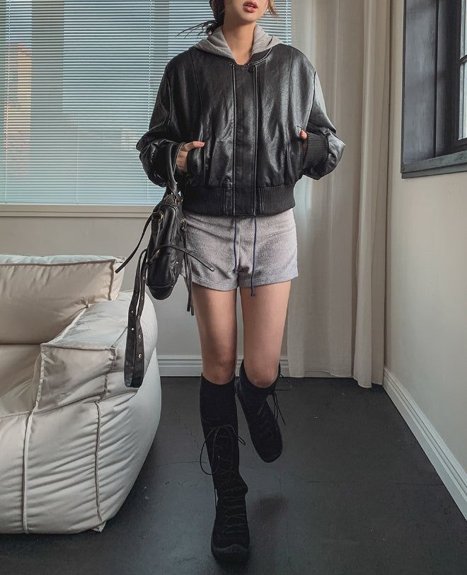 [Mink Lining] Phobia Winter Crop Leather Jacket
