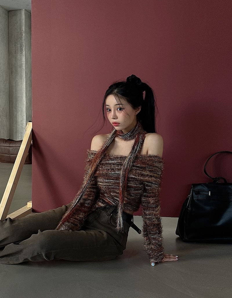 Muffler SET Off-Shoulder Mixed Knitwear