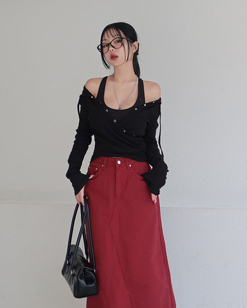Hood Diagonal Snap Button Wrap T-Shirt