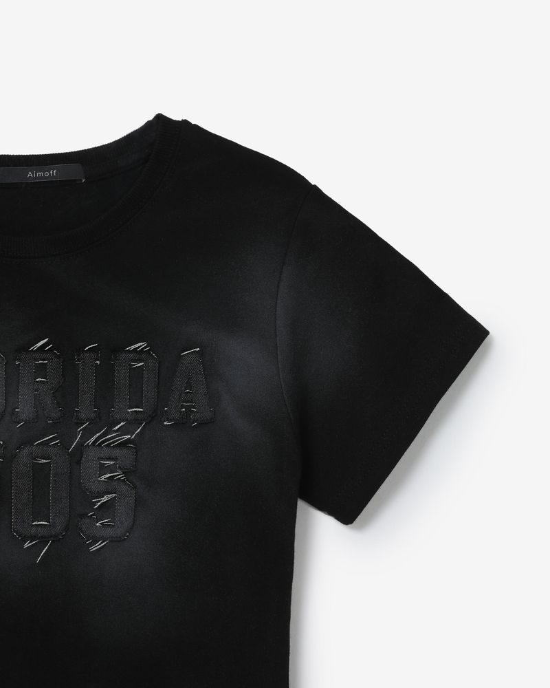 denim patch washing T-shirts [ black ]