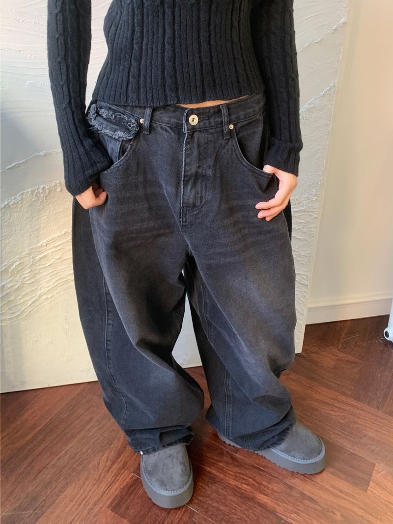 Rough Muse Tassel Ball Stud Wide Long Denim Pants