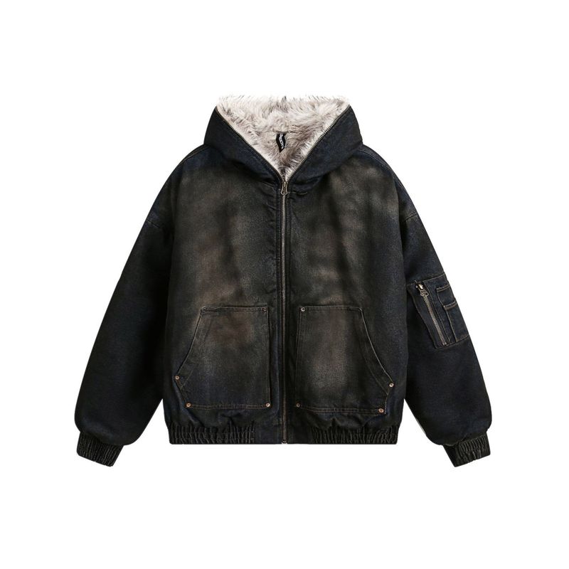D quilted hooded denim fur cropped padded jacket