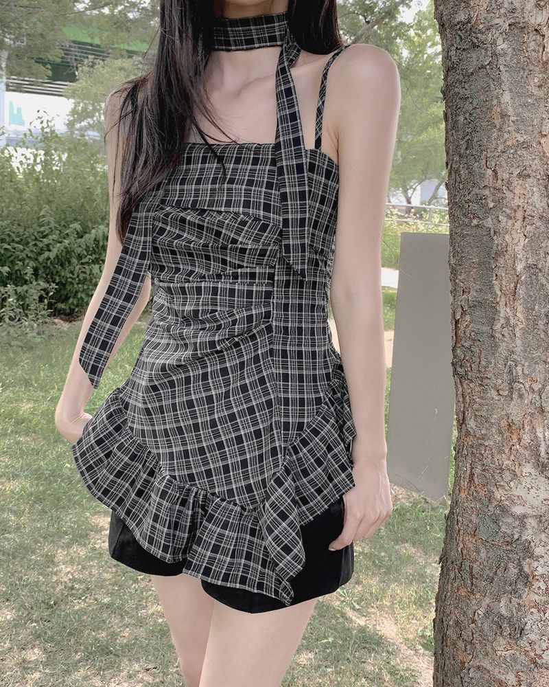 Miflang check blouse & tie set