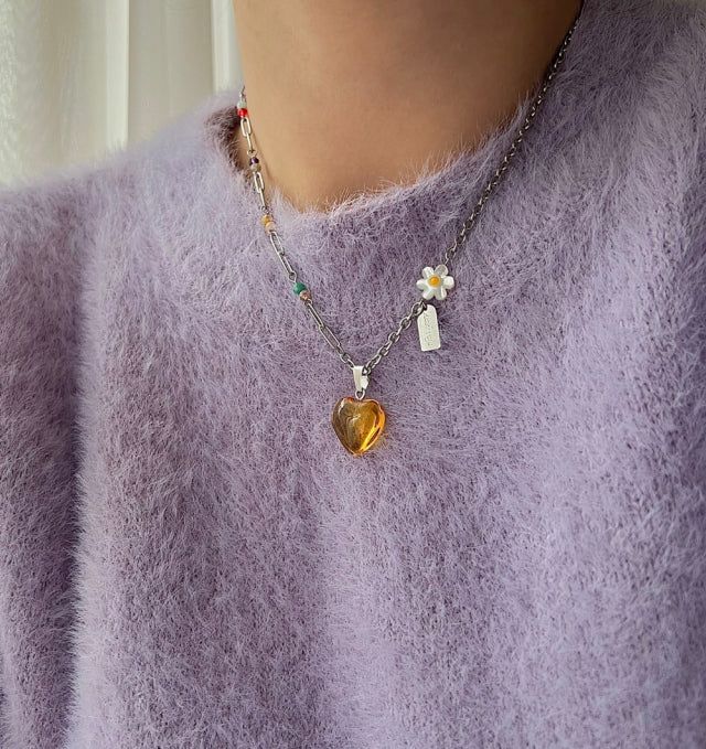 ely Yellow Orange Heart Flower Beads Hip Handmade Necklace