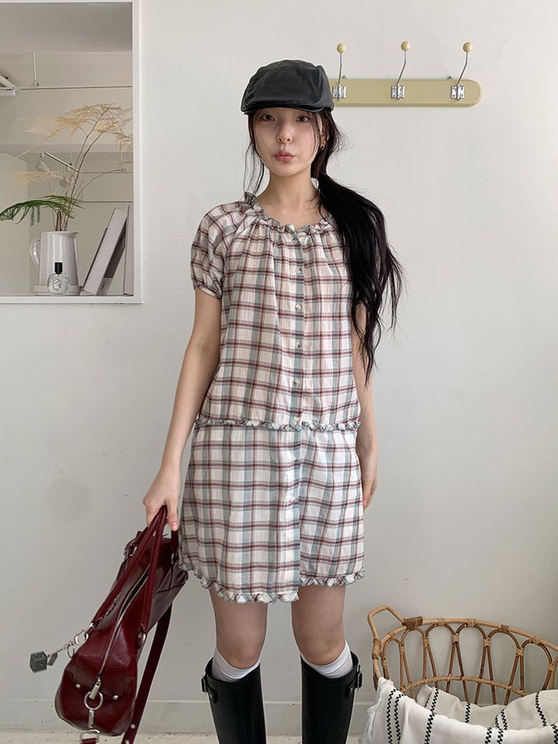 SAGE CHECK FRILL DRESS (2C)
