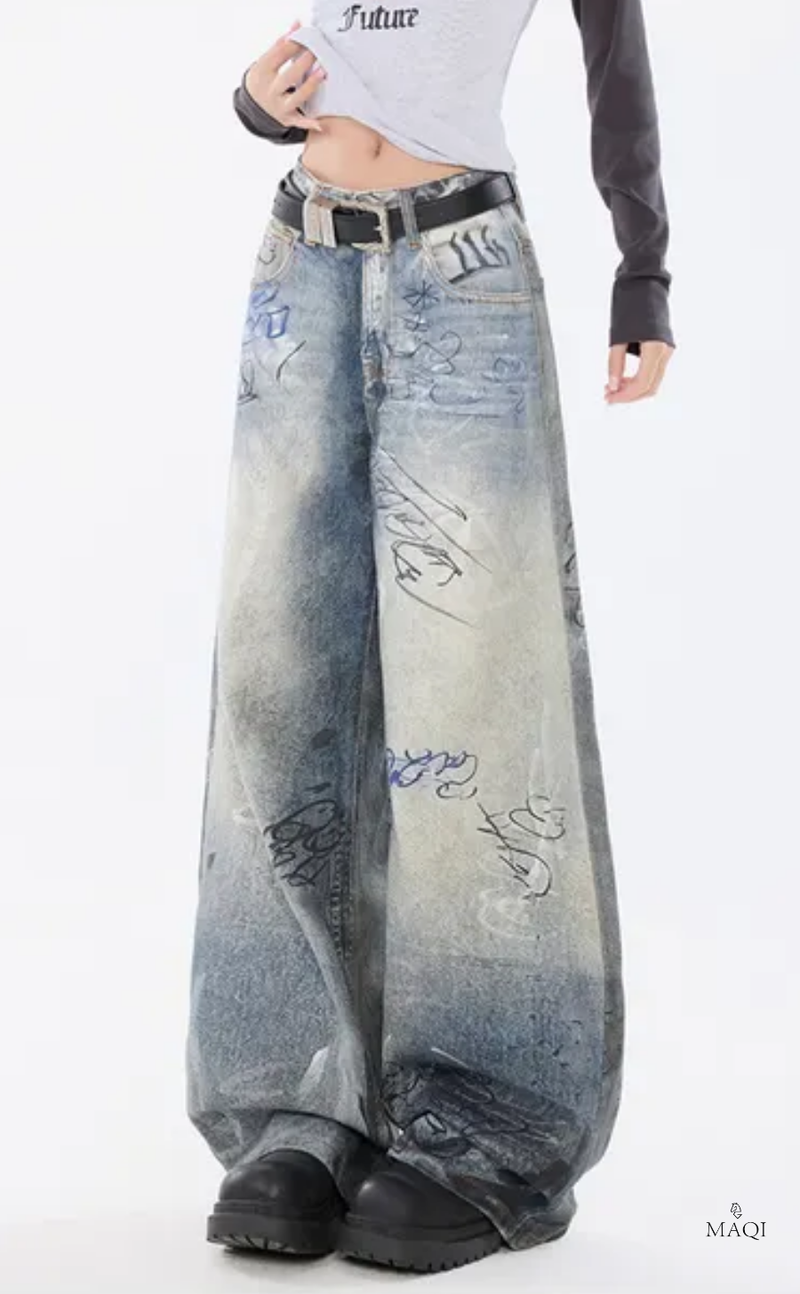 Hand-Painted Distressed High-Waisted Wide-Leg Jeans
