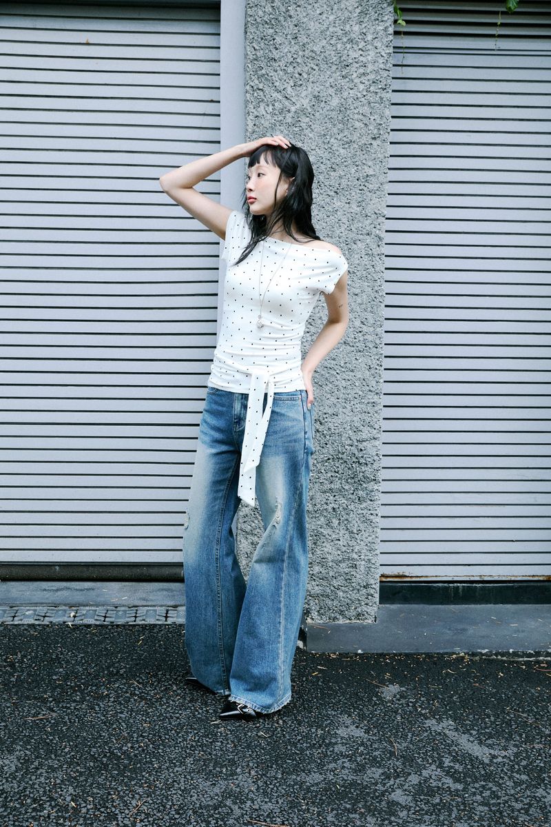 [ORIGINAL] Raise Dot One-Shoulder Wrap T-shirt
