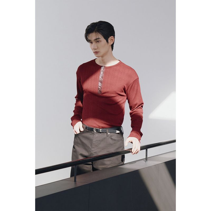 Leather ribbed henry neck long sleeves(Burgundy)