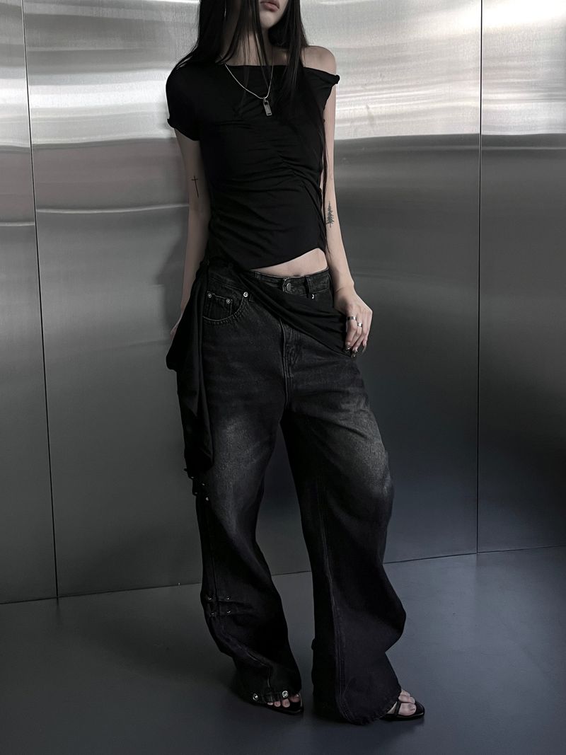 one-shoulder wrap set top (2color)