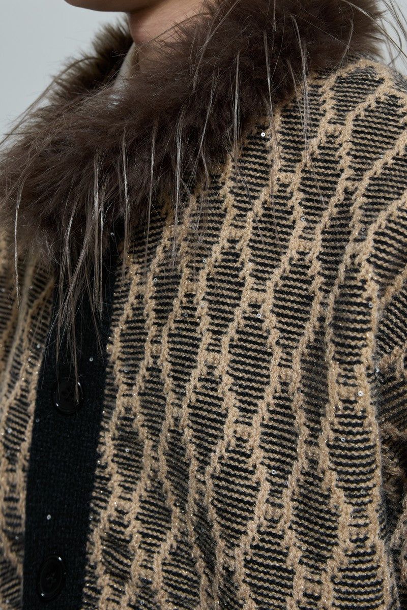 Sequin Knit Cardigan with Fur Collar