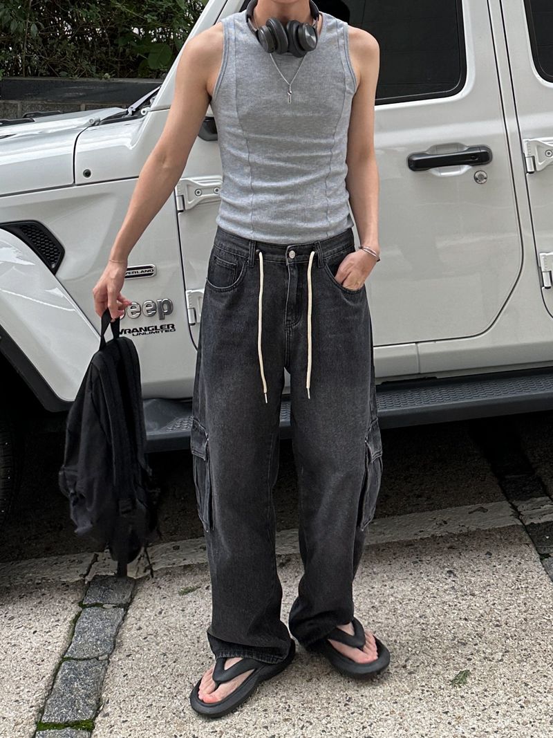 String Wide Cargo Denim PT