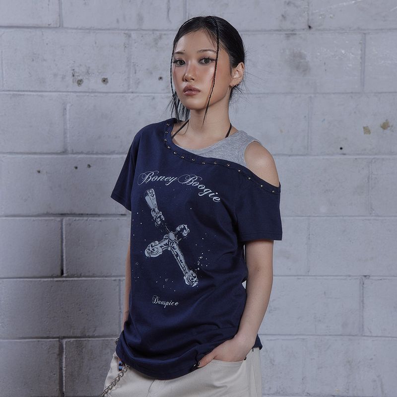 (DUC) BB Layered One-Shoulder T-Shirt Dark Navy