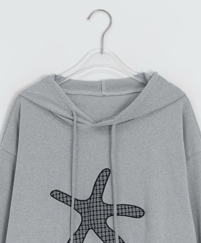 Nahin Check Patch Frill Hood Long Sleeve Tee
