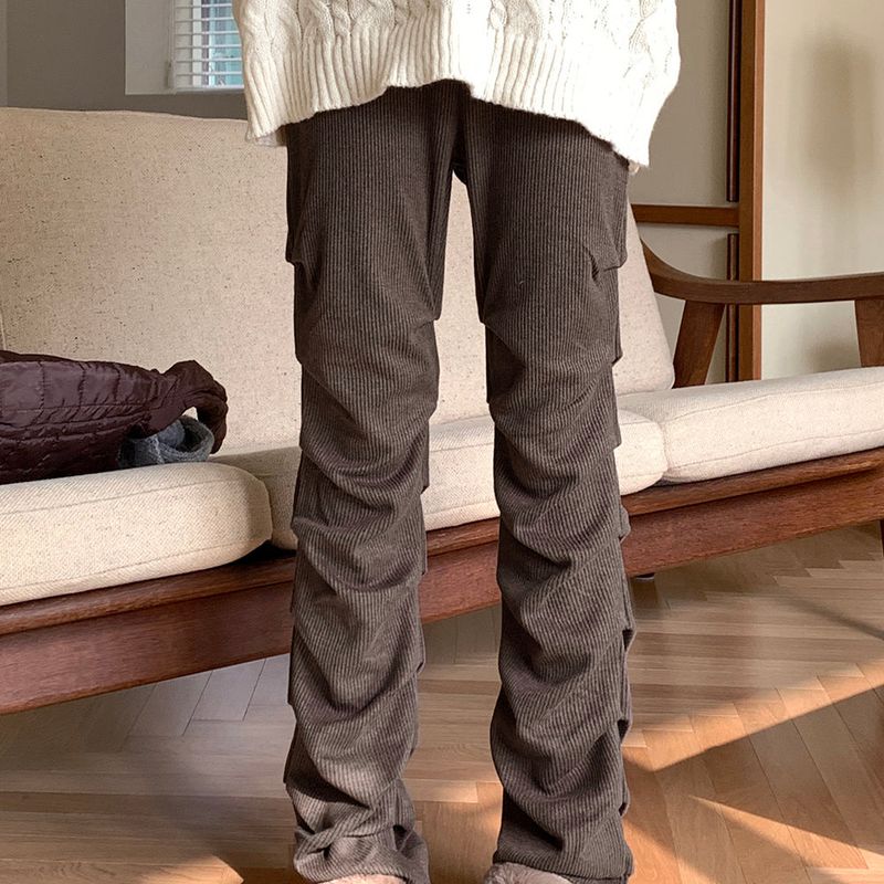Felson ribbed layered pleated shirring slim long pants