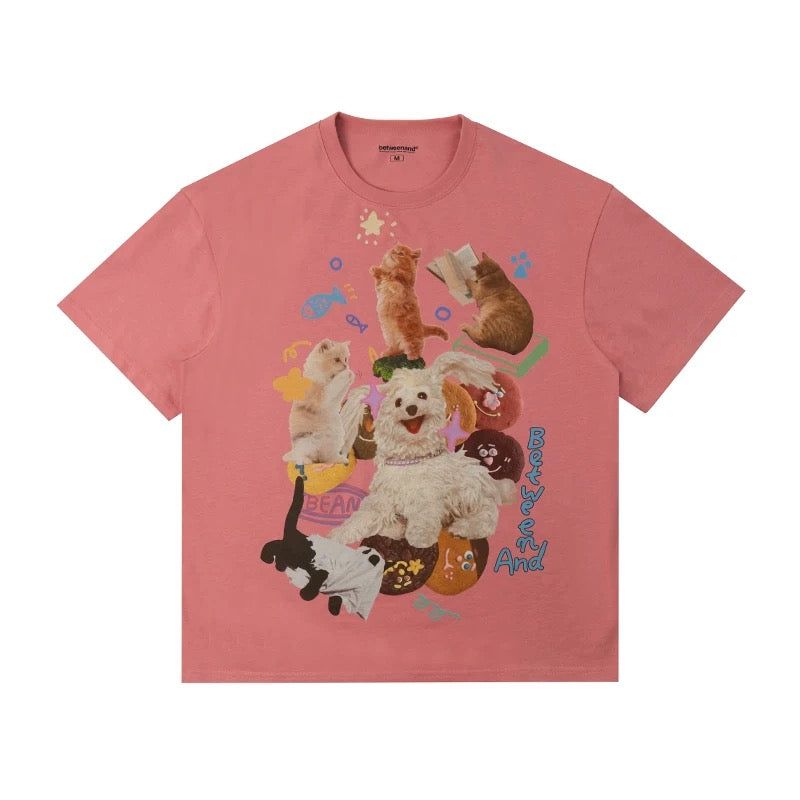 BETWEENAND summer dopamine original lively cat and dog printed short sleeve T-shirt female creative round neck shirt female