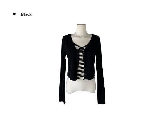 Cotter Punching Stripe Sleeveless Cardigan Set