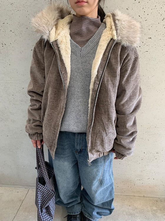 Tiken Herringbone Wool Hood Fur Jacket