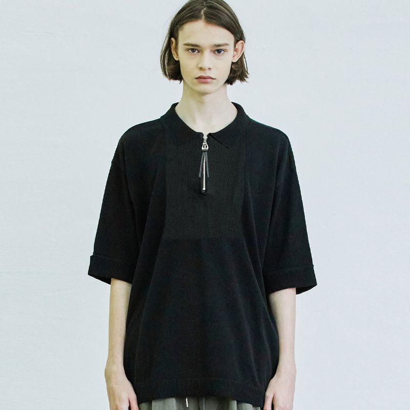 square chest zipper-up polo knit t-shirt black