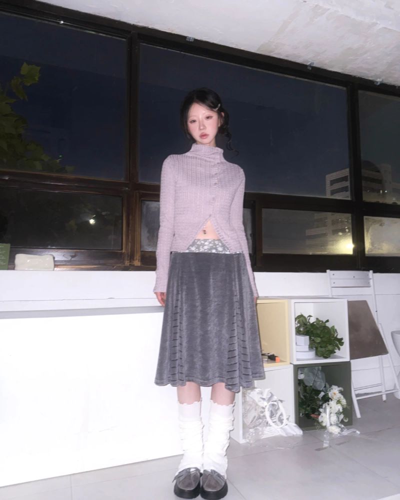(2color) Flower Mix Stripe Flare Skirt