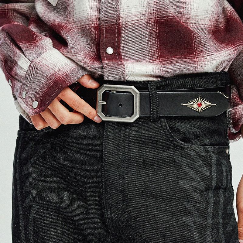 crystal stud & wax thread leather belt black