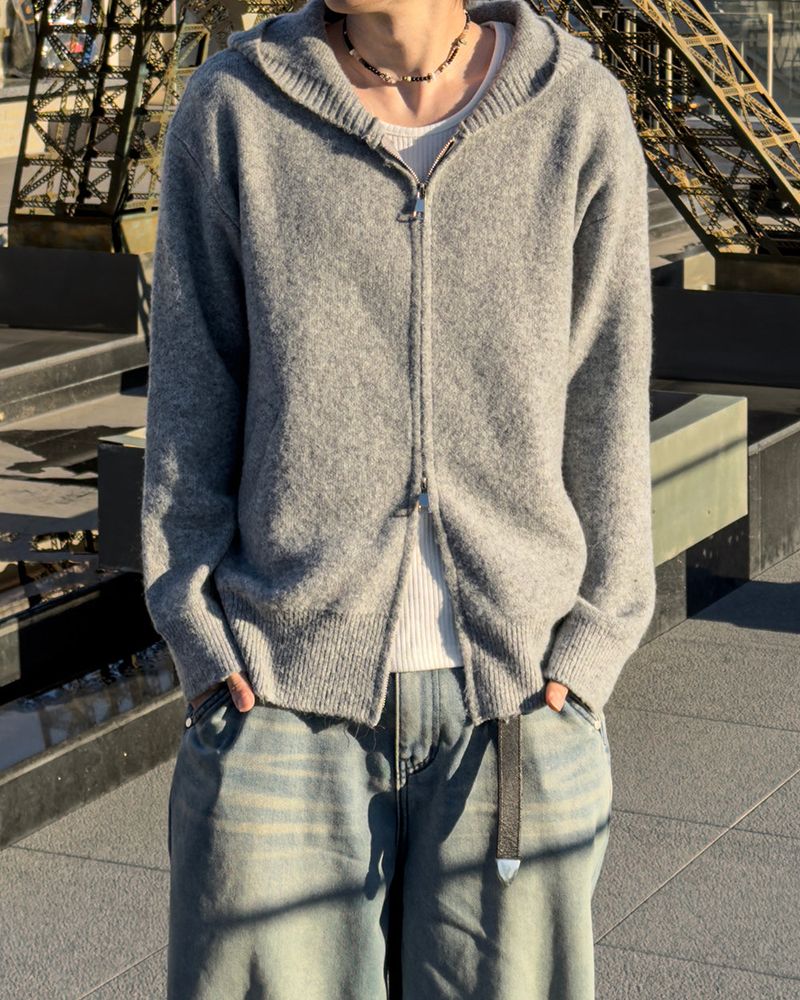 Merry wool knit hood zip-up