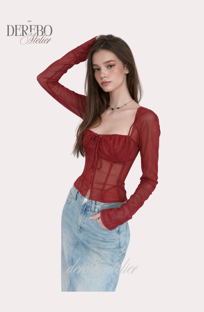 red square chiffon long-sleeve blouse