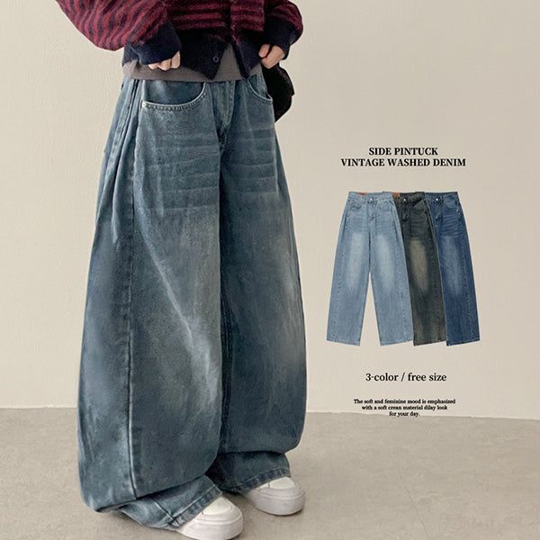 Moki Side Pin Tuck Denim Wide Pants