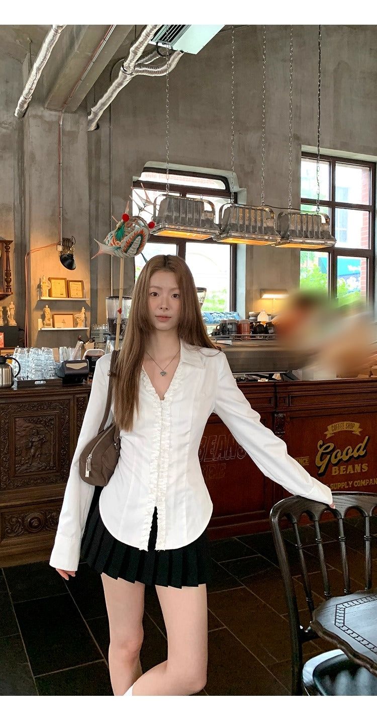 White V-neck Frill Style Long-Sleeved Shirt