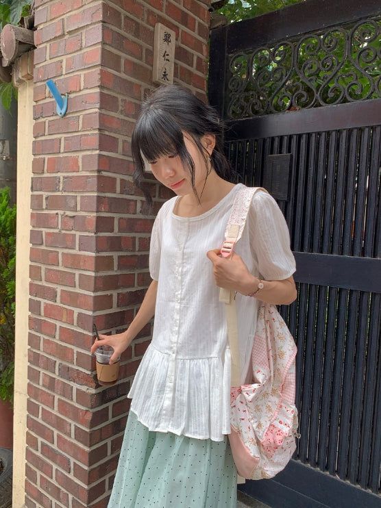 Roden Frill Cotton Balloon Short Sleeve Blouse