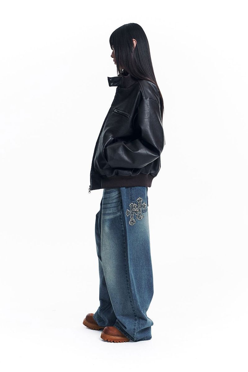 Leopard Cross Patch Roll-Up Denim Pants - Deep Blue